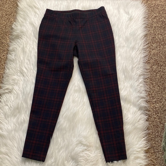 Talbots Legging Burgundy Navy Ponte Plaid Windowpane Ankle Pants Size MP - Picture 2 of 7